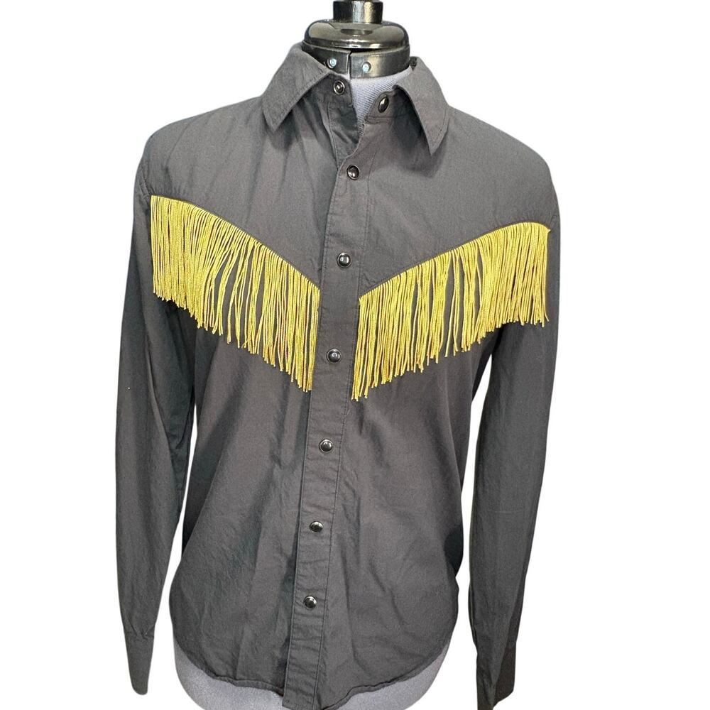 Straight To Hell Black Western Shirt Gold Fringe Rodeo Long Sleeve Size S